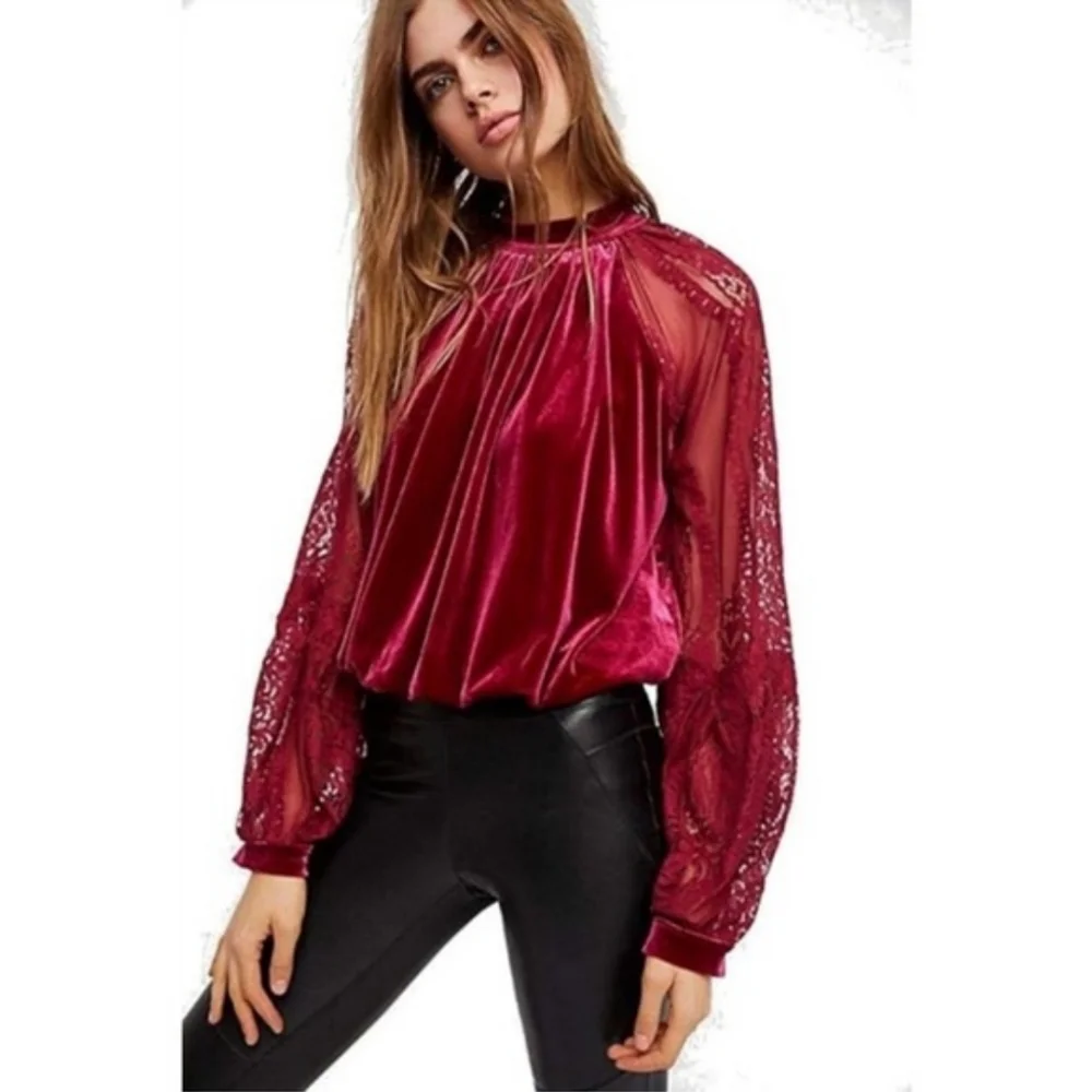 Free People Dream Team Red Velvet Lace Top Small Raspberry Small Whimsigoth